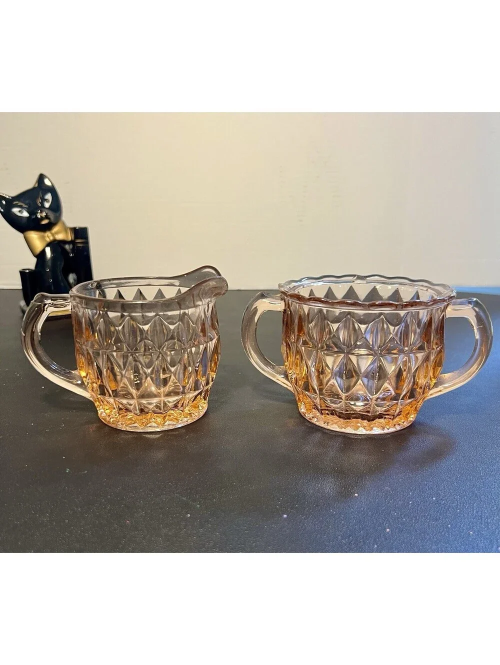 Jeannette Glass 1940s Cream Sugar Set Windsor Diamond Pink Depression Glass